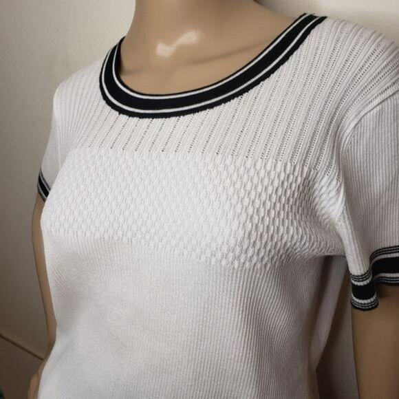 Karl Lagerfeld Paris NWT White & Black Knit Short-Sleeve Top Ribbed Trim Detail - Picture 10 of 12